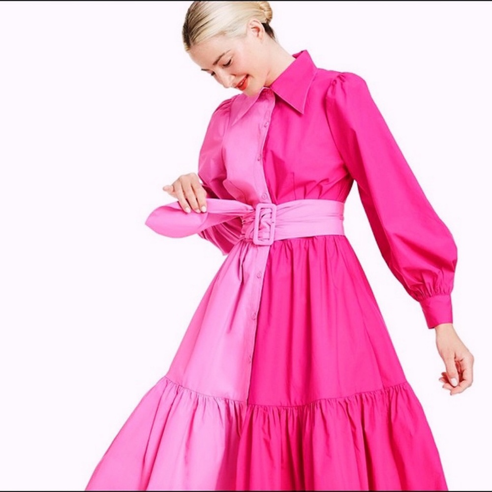 Christopher John Rogers Two-Tone Hot Pink Shirt Dress